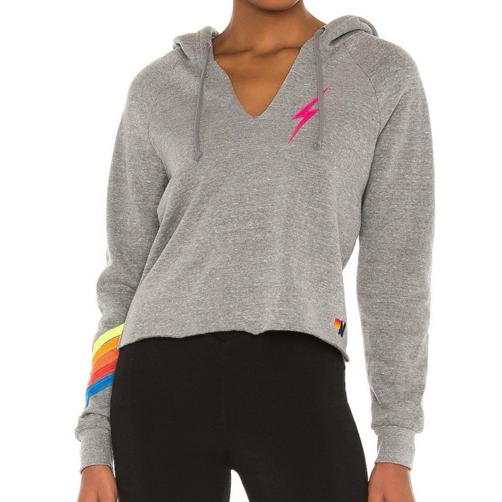 Aviator Nation Gray+Neon Stripe Hoodie With Pink Bolt V Neck